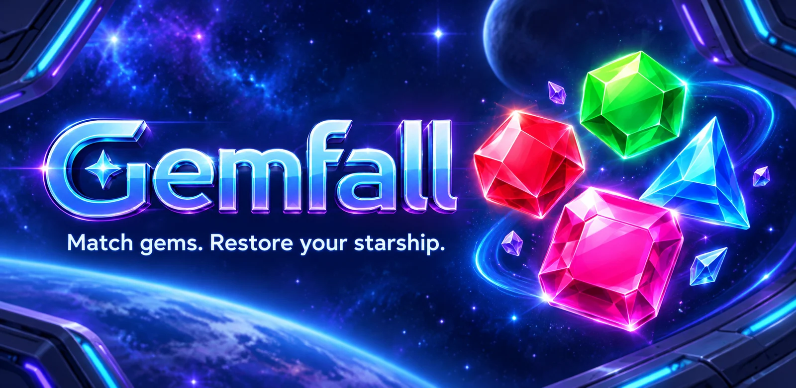 Gemfall key art: radiant gems in a starship window above a blue planet