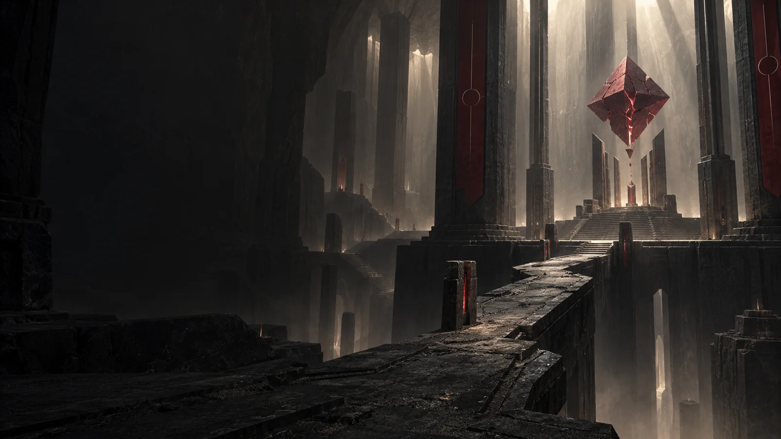 A stone causeway leads through a vast shadowed observatory toward a floating crimson crystal